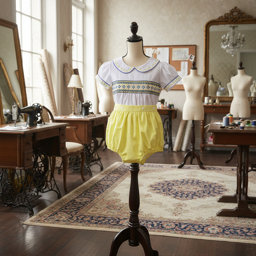 Traditional baby boys smocked set with geometric embroidery in lemon cotton