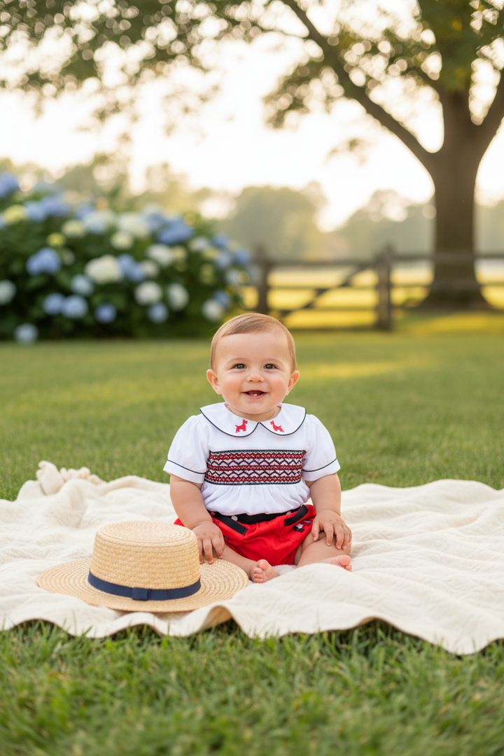 Ocean Baby Boys Red Scottie Dog Smocked Buster Suit (NB-3Yrs)