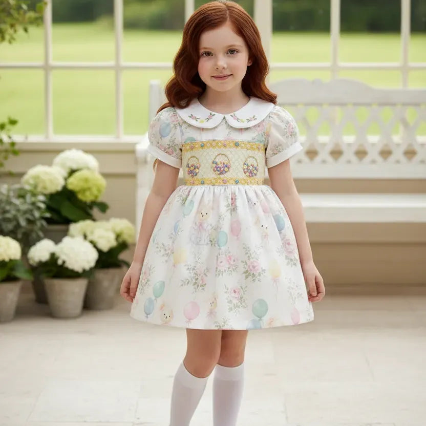 Ocean Baby Girls Smocked Pastel Teddy Bear Themed Dress (NB-6Y)