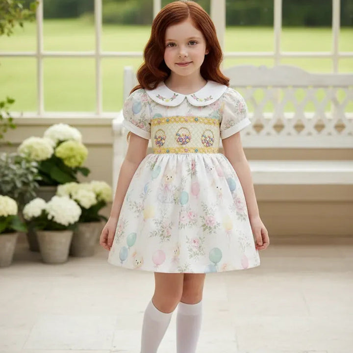 Ocean Baby Girls Smocked Pastel Teddy Bear Themed Dress (NB-6Y)