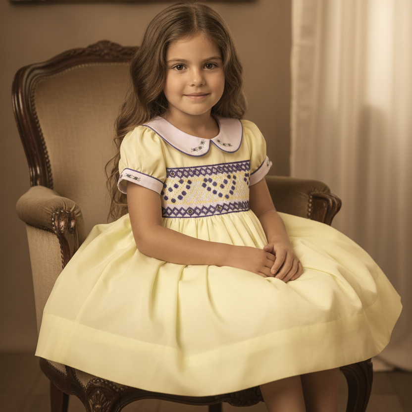 Lemon cotton smocked baby girls petticoat skirt dress. smocked hand embroidered baby dress. newborn to 10 years.