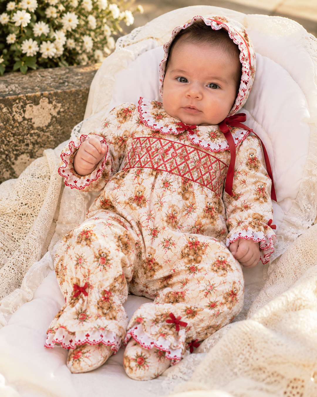 smocked baby girls sleepsuit and bonnet set 
