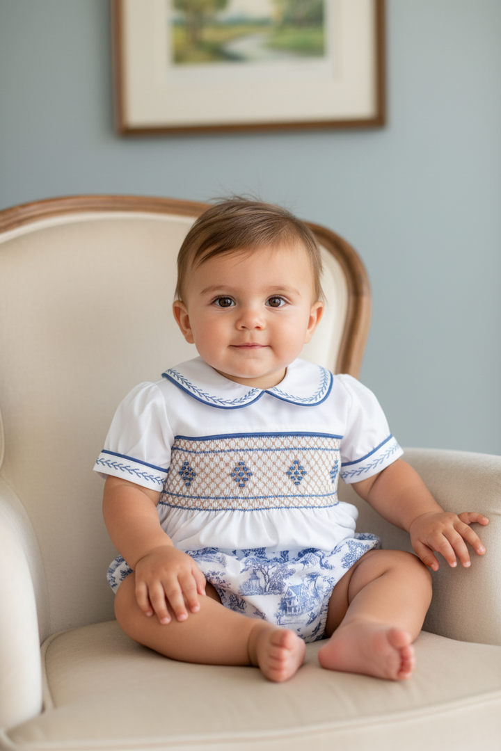 Ocean Baby Boys Smocked Iconic 18th Century Italian Countryside Buster Suit (3M-3Yrs)