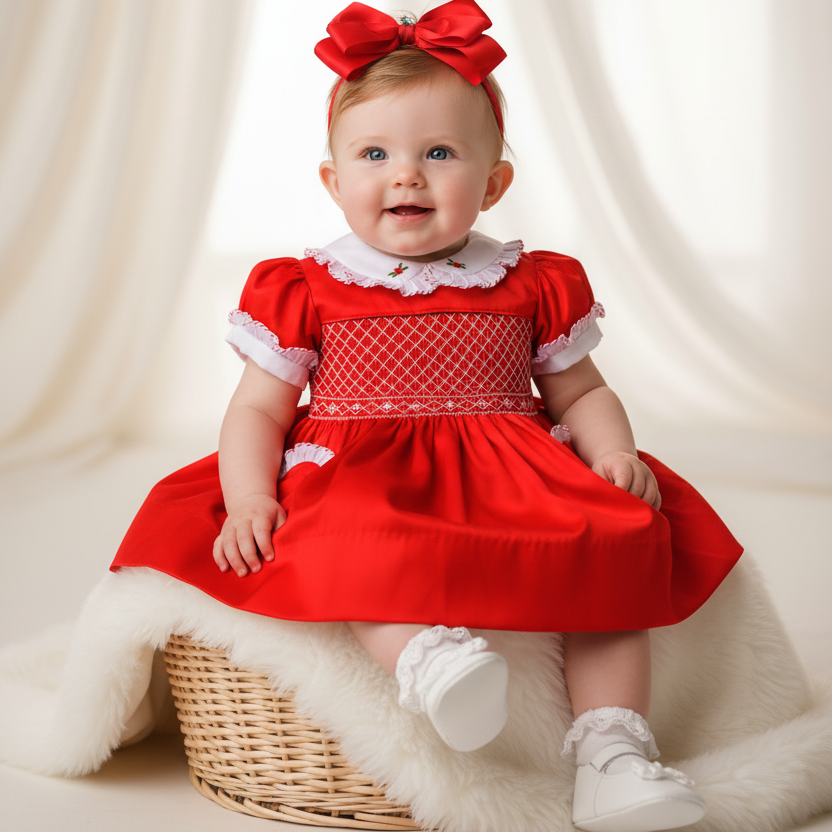 Ocean Baby Girls Exclusive Vermilion Lux Collection Satin Smocked Front & Back Petticoat Layered Dress (NB-8Yrs) As seen in Vogue ❤