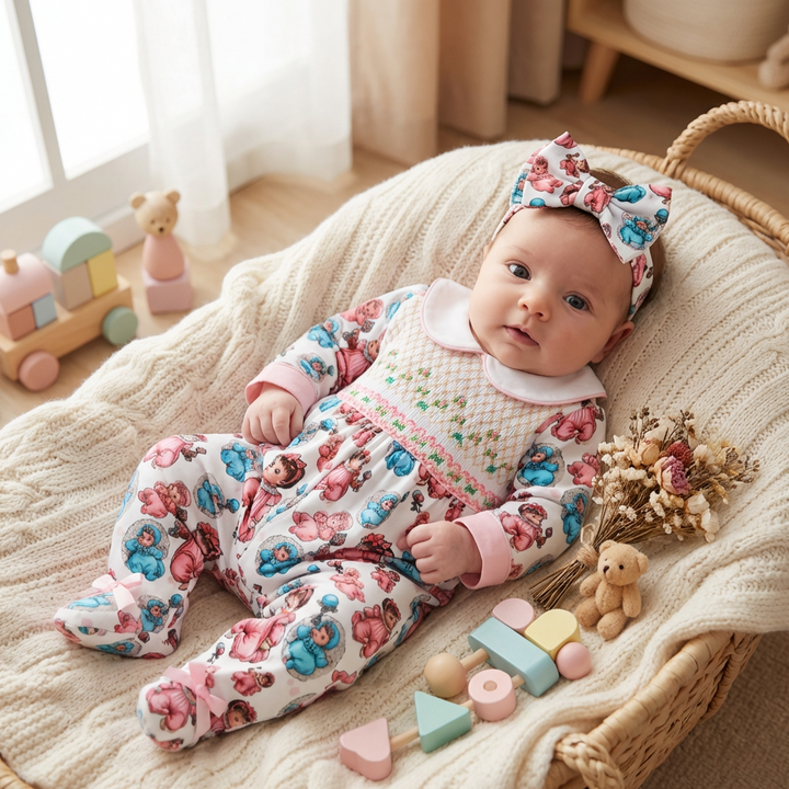 Ocean Baby Girls '20's Style Baby' Smocked Sleepsuit & Headband Set (NB-18M)