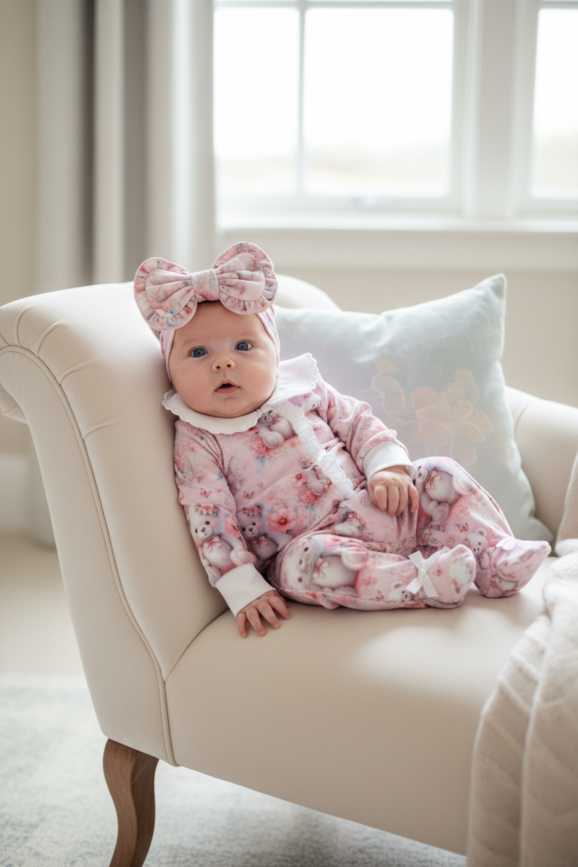 Ocean Baby Girls Pink Floral Teddy Bear Sleepsuit & Headband Set (NB-18M)