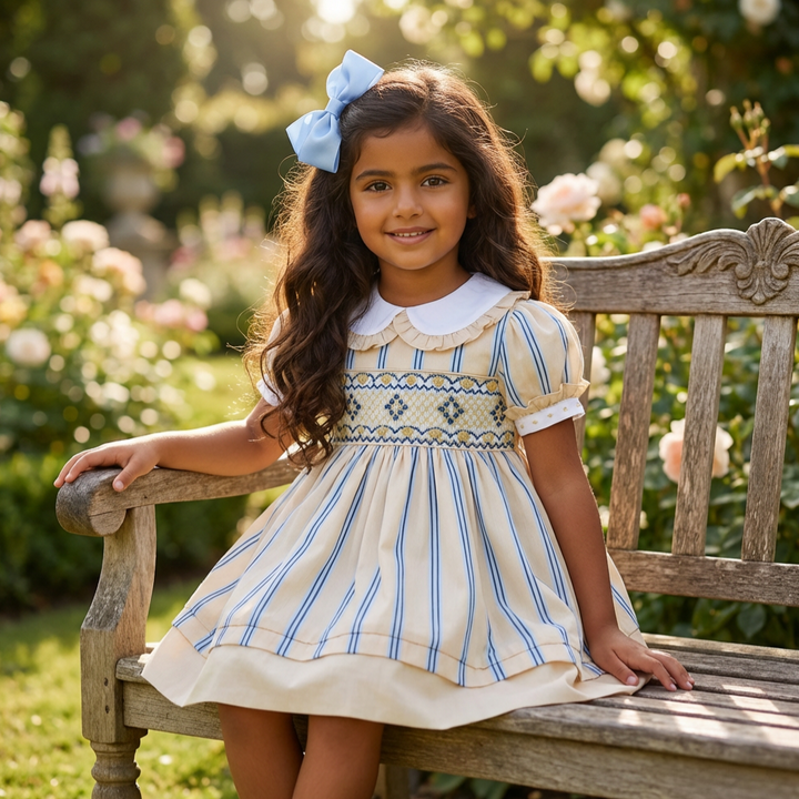 Ocean Baby Girls Smocked Lemon & Blue Stripe Cotton Petticoat Layered Dress (NB-8YR)