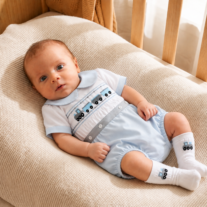 smocked baby boys train themed suit set