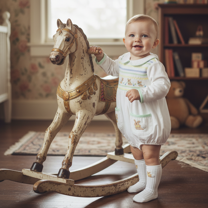 Newborn white cotton smocked bunny outfit baby boys bunny suit set