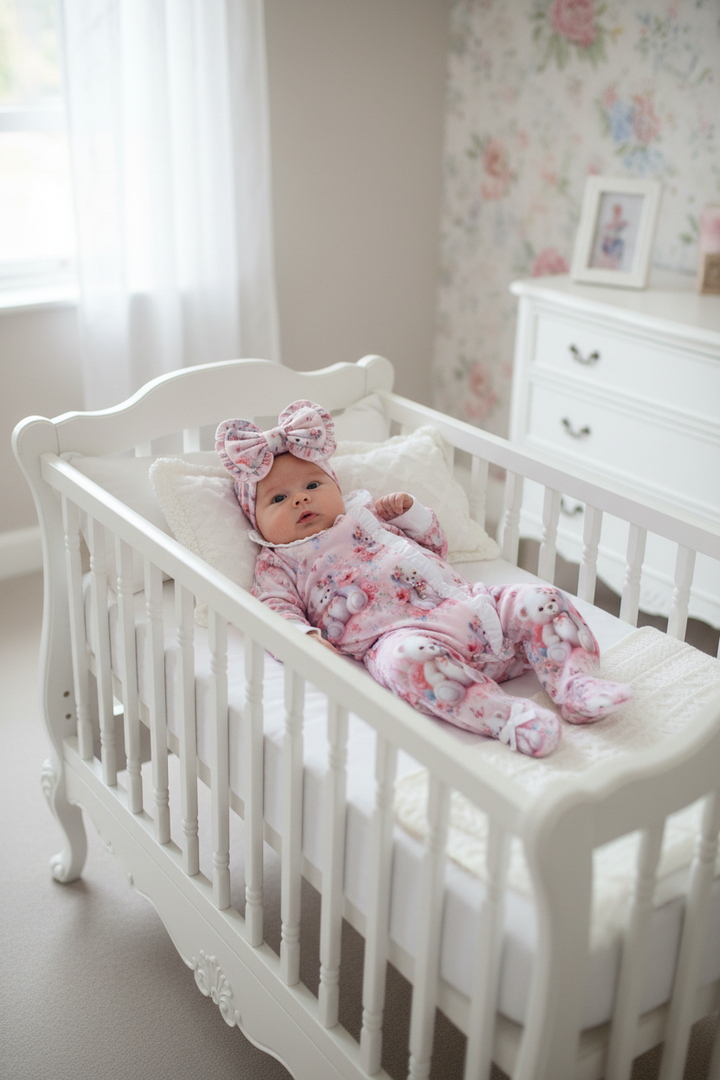 Ocean Baby Girls Pink Floral Teddy Bear Sleepsuit & Headband Set (NB-18M)