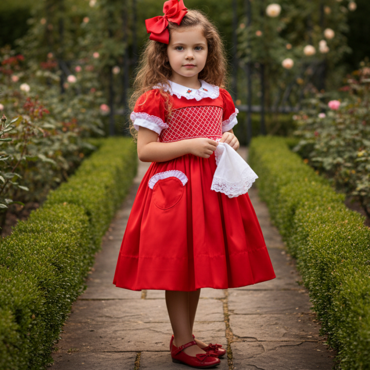 Ocean Baby Girls Exclusive Vermilion Lux Collection Satin Smocked Front & Back Petticoat Layered Dress (NB-8Yrs) As seen in Vogue ❤