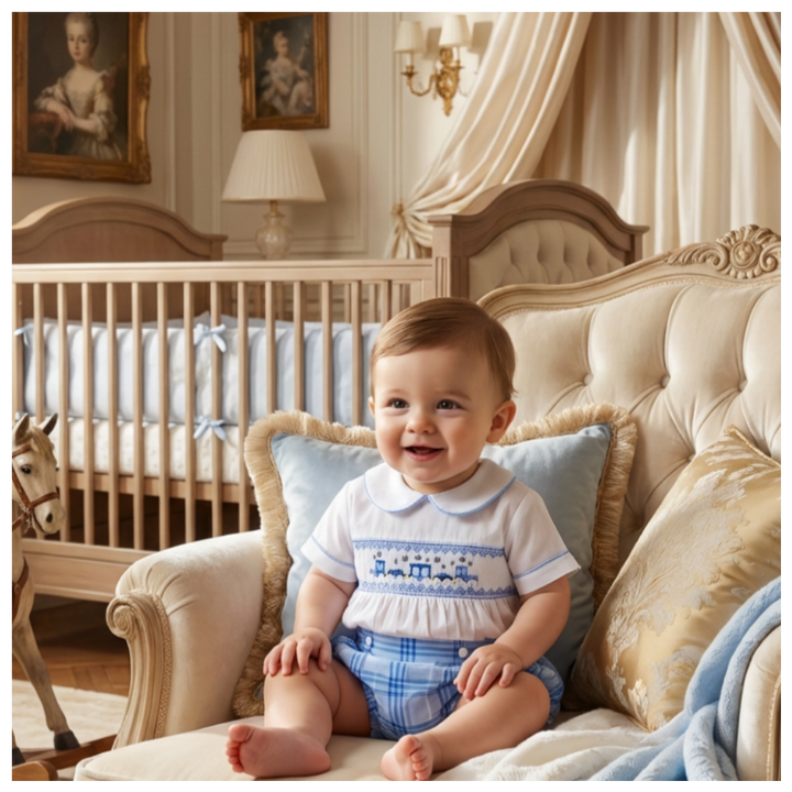 handmade baby boys train smocked themed outfit set 