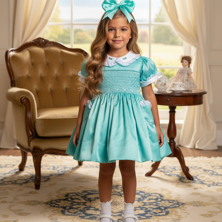 Ocean Baby Girls Exclusive Marine Lux Collection Satin Smocked Petticoat Layered Dress (3M-8Yrs)