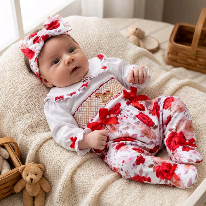 Ocean Baby New Concept Smocked Sleepsuit-Outfit & Headband Set (NB-18M) Rose Rocking Horse
