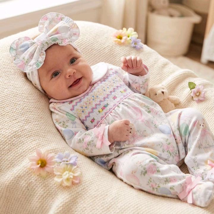 Ocean Baby Girls Smocked Pastel Teddy Bear Sleepsuit & Headband Set (NB-18M)