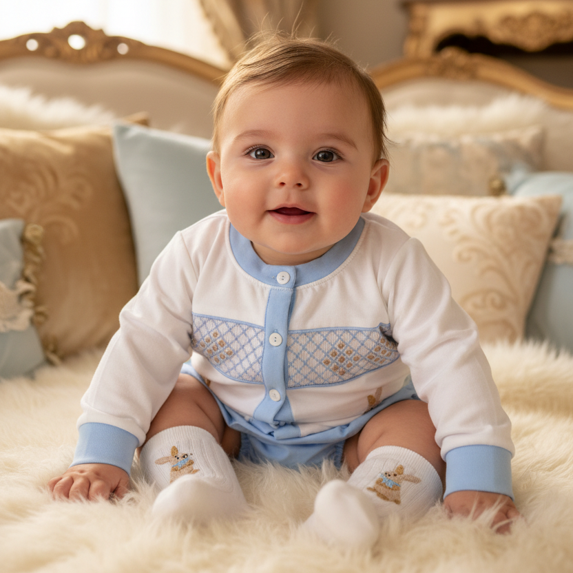 blue cotton baby boys bunny outfit smocked baby boys clothes outfit