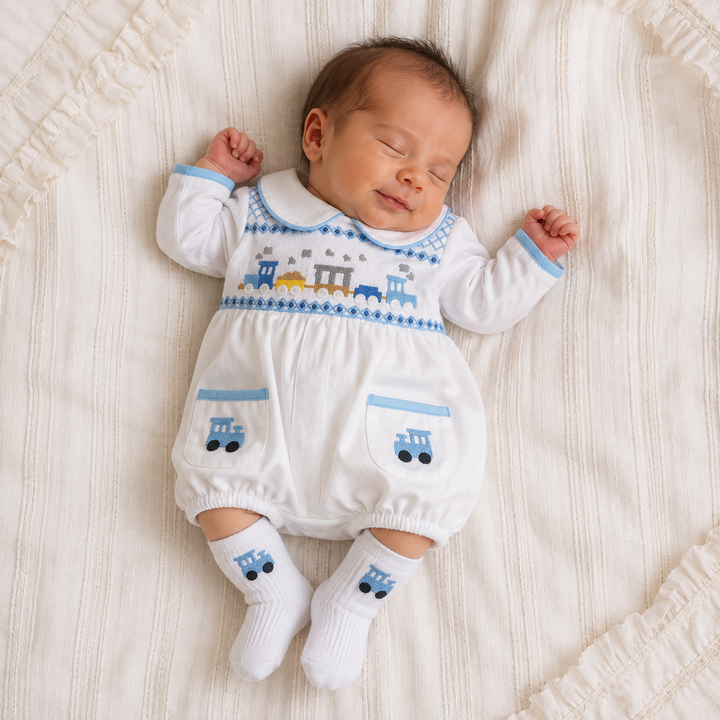 Ocean Baby Boys Train Theme Hand-Smocked Bubble Suit Set (NB-2Y)
