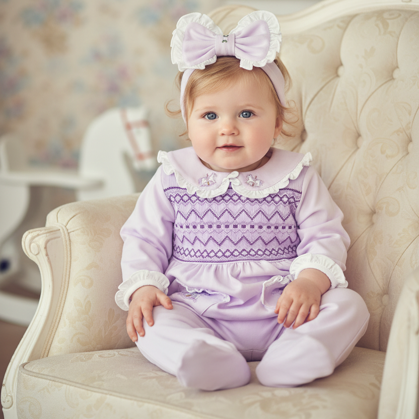 lilac baby girls smocked sleepsuit set handmade baby sleepsuits