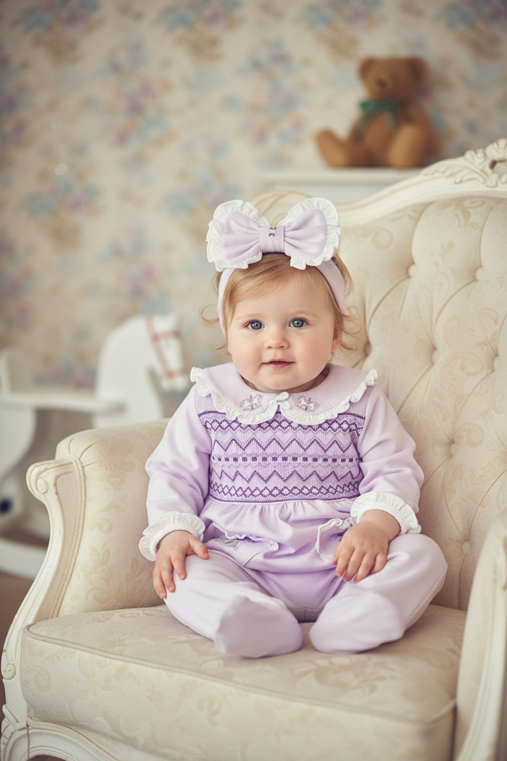 Ocean Baby Girls Lavender Carousel Smocked Sleepsuit & Headband Set (NB-18M)