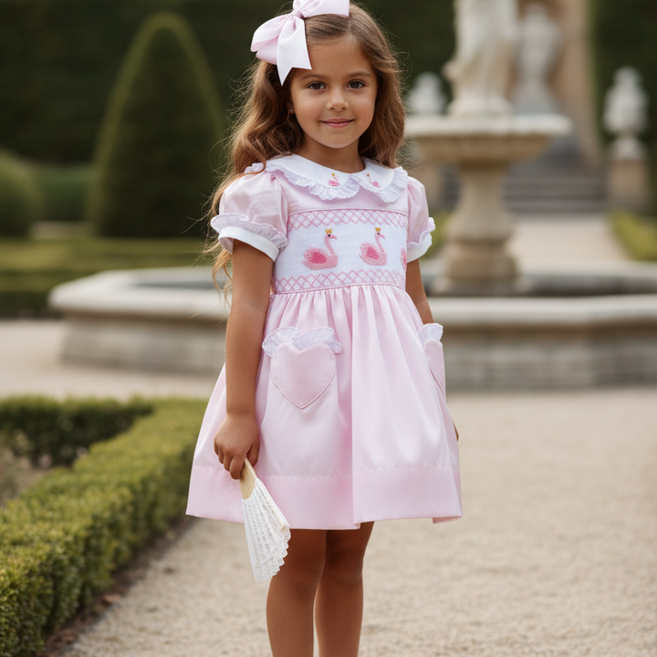Ocean Baby Girls Exclusive Rose Swan Lux Collection Satin Smocked Petticoat Layered Dress (NB-6Yrs)
