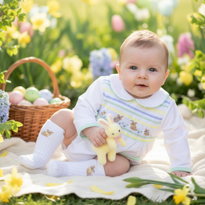 white cotton toddler spring wear hand embroidered bunnies 