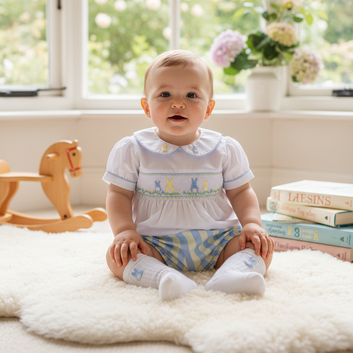 bunny blue and white soft cotton handmade baby boys outfit newborn to 3 years