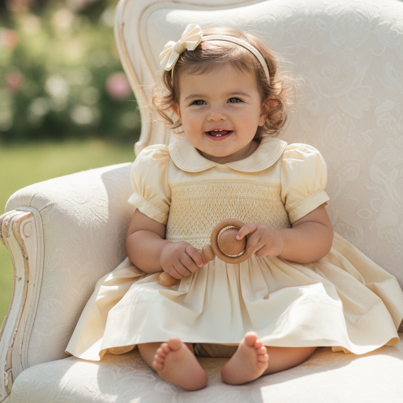 Ocean Baby Girls Champagne Lux Collection Sateen Smocked Front & Back Petticoat Layered Dress (NB-8Yrs)