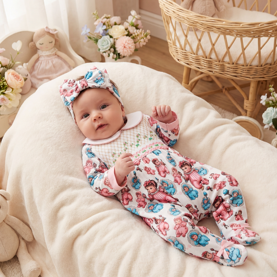 Ocean Baby Girls '20's Style Baby' Smocked Sleepsuit & Headband Set (NB-18M)