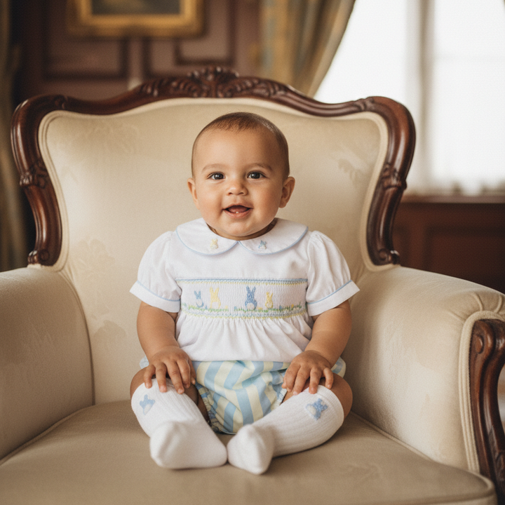 hand smocked bunny detail on smocked baby boys outfit in pastel colours 