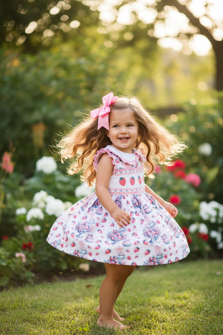 Ocean Baby Girls Afternoon Tea Strawberries Smocked Petticoat Layered Dress - (6M-8Yrs)