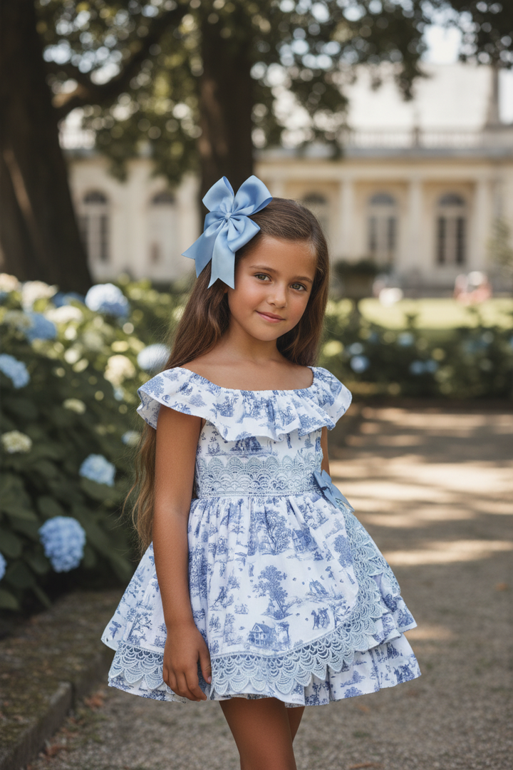 Ocean Baby Girls Iconic Blue 18th Century Italian Countryside Fabric Dress (18M-8Yrs)