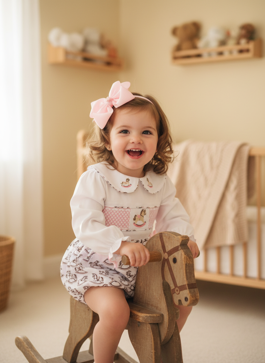 Ocean Baby Girls Pastel Rocking Horse Smocked Buster Suit (NB-3Yrs)