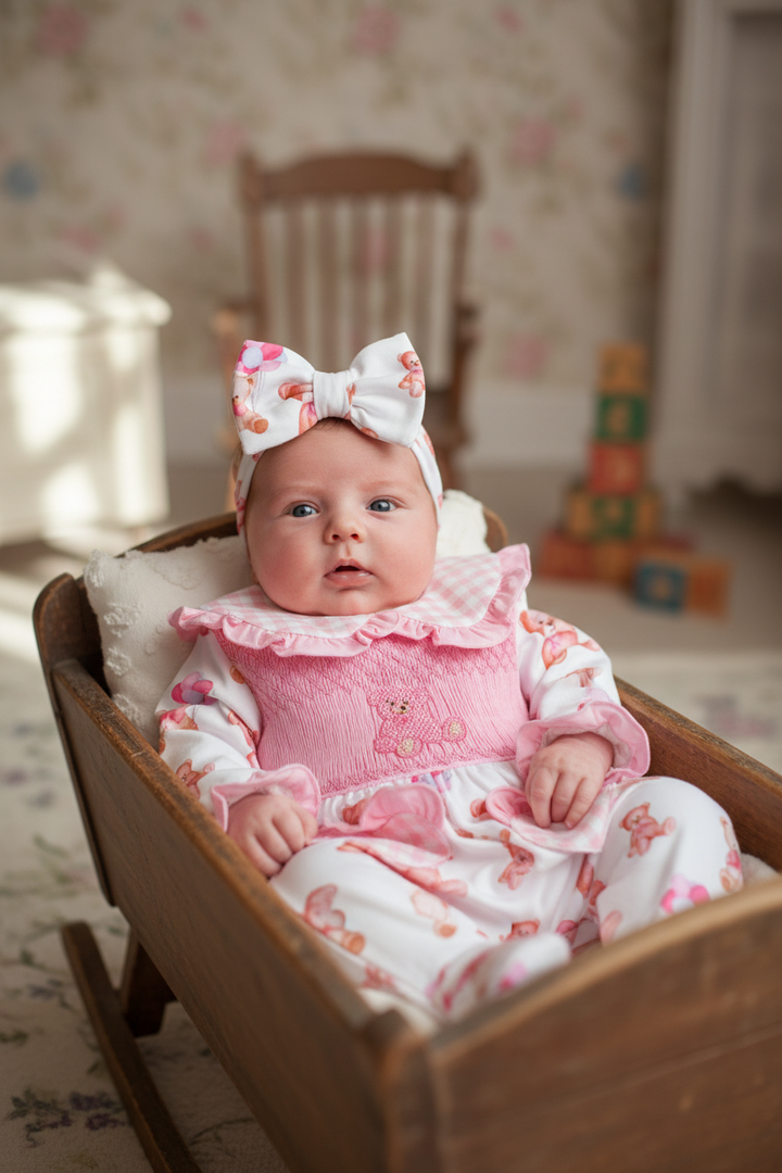 Ocean Baby Girls Pink Smocked Balloon Teddy Sleepsuit & Headband Set (NB-12M)