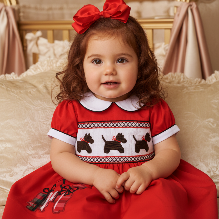 Ocean Baby Girls Red Classic Scottie Dog Smocked Petticoat Layered Dress - (NB-8Yrs)
