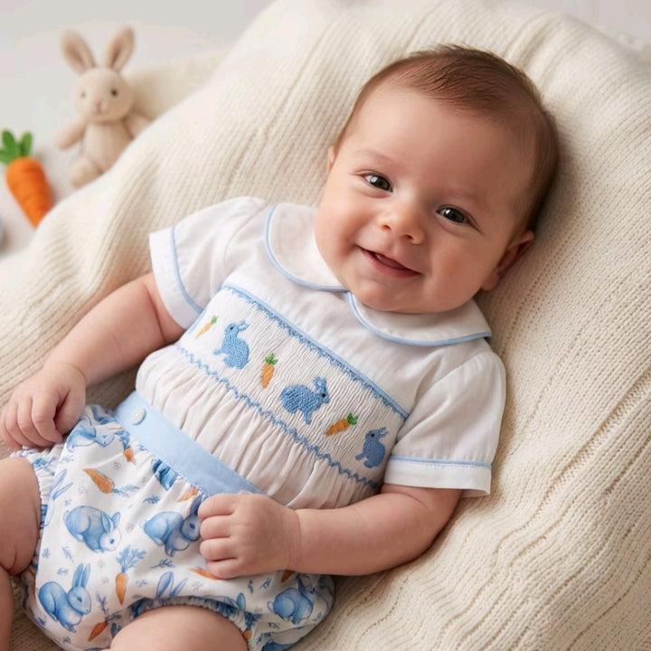Ocean Baby Boys Blue And Cream Cotton Smocked Bunny Outfit (NB-2Yrs)