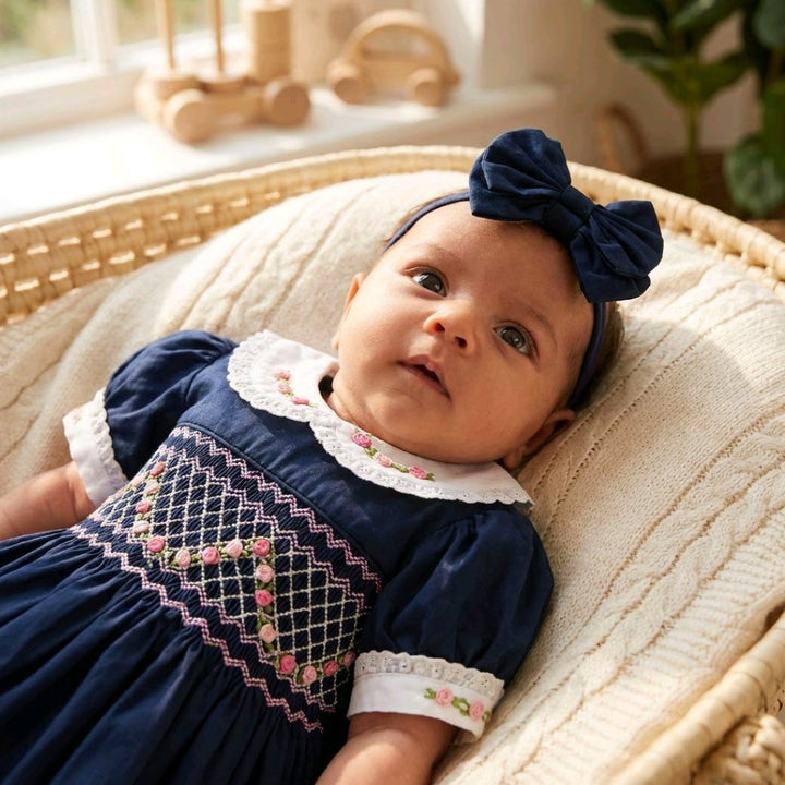 Ocean Baby Girls Navy Smocked Petticoat Layered Dress (3M-10Yrs)