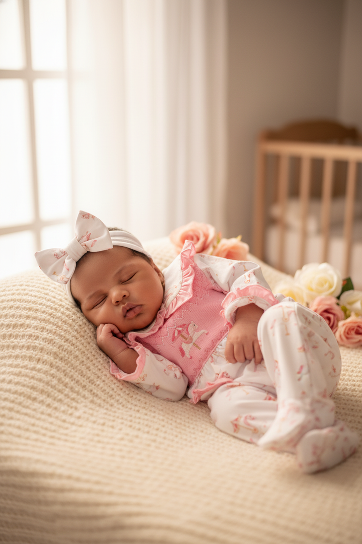 Ocean Baby Girls Smocked Carousel Sleepsuit & Headband Set (NB-12M)