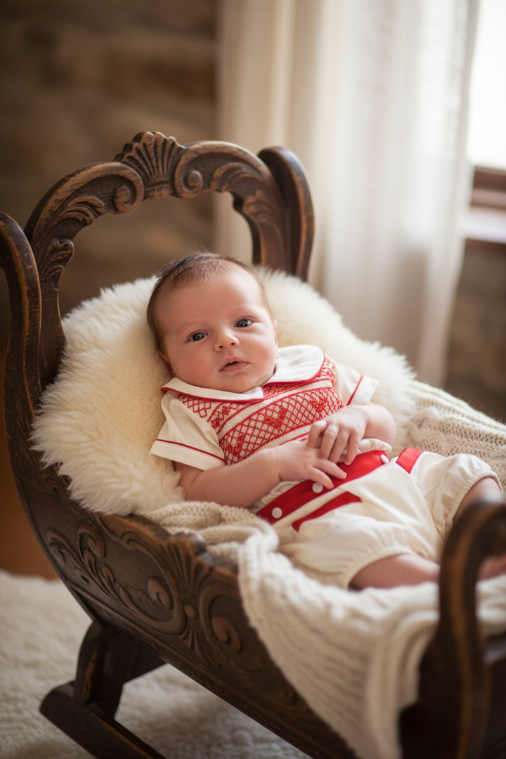 Ocean Baby Cream & Red Satin Buster Suit (NB-3Yr)