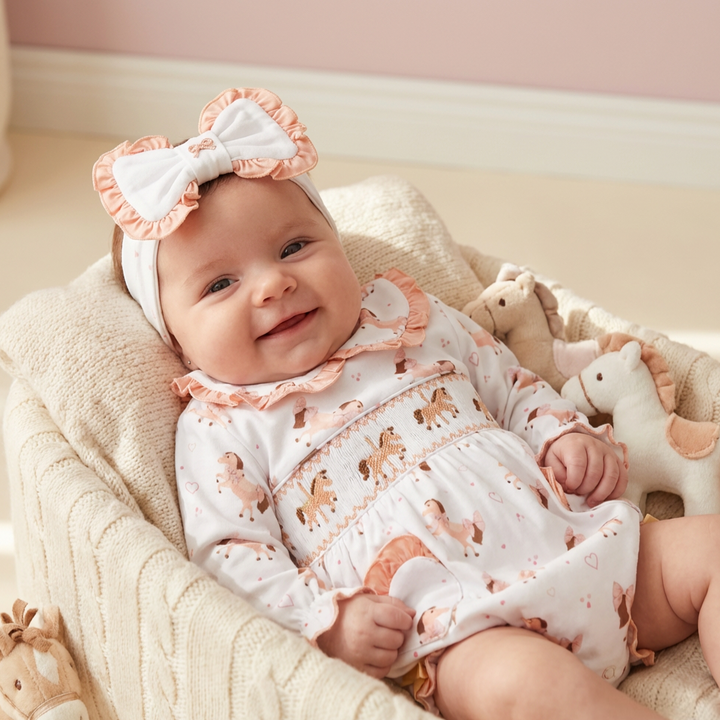 Ocean Baby Girls Peach Carousel Horse Smocked Bubble Suit & Headband Set (NB-3Yrs)