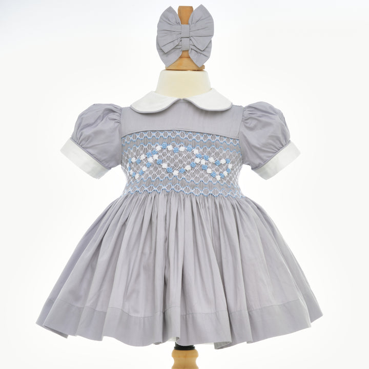 Ocean Baby Girls Platinum & Powder Blue Sateen Smocked Petticoat Layered Dress - (NB-10Yrs)