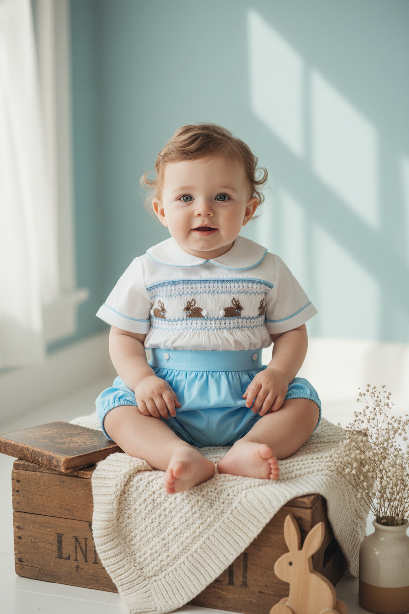 Ocean Baby Boys Blue Bunny Themed Smocked Buster Suit (NB-3Yrs)
