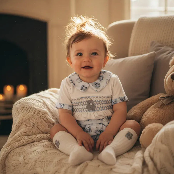 Ocean Baby Boys Smocked Teddy Print Buster Suit Set (NB-2Yrs) Featured in British Vogue
