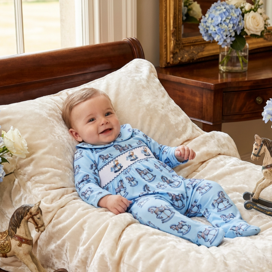 blue cotton smocked baby boys sleepsuit baby boys luxury rompers