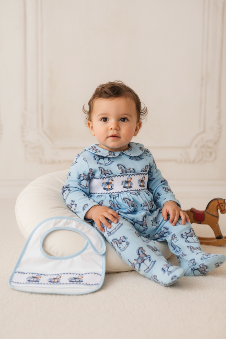 Ocean Baby Boys Arctic Blue Smocked Rocking Horse Sleepsuit Set (NB-12M)