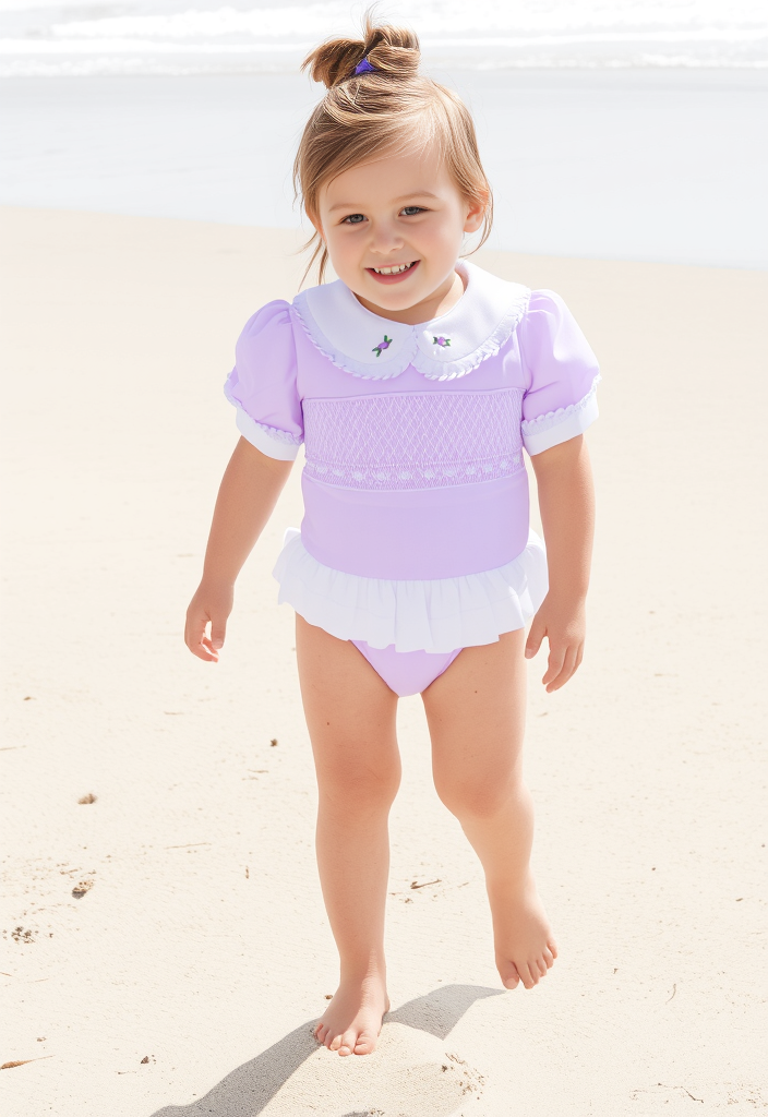 Lavender Sea-2-Shore Smocked Girls Swimsuit with Poppers - SPF Protected (6M-6Yrs)