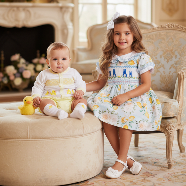 Spring Lemon Cotton Baby Boys handmade suit set. Hand smocked baby boys lemon suit set. Newborn to 3 years