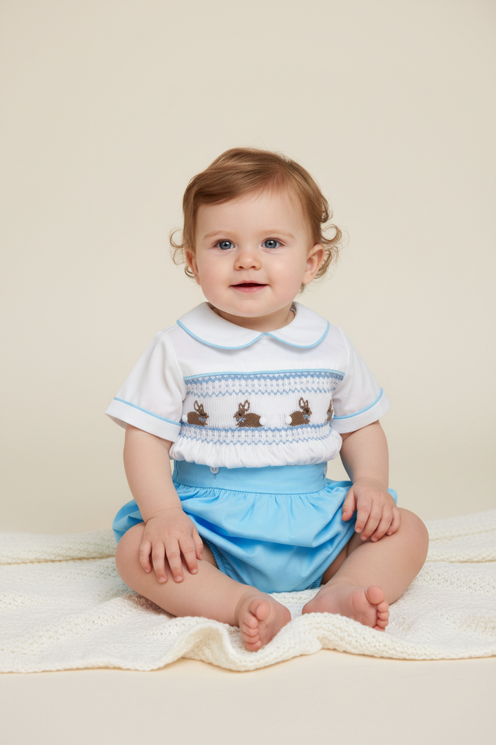 Ocean Baby Boys Blue Bunny Themed Smocked Buster Suit (NB-3Yrs)
