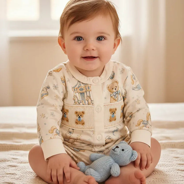 Ocean Baby Boys Cream Carousel Teddy Hand Smocked & Embroidered Cardigan & Jam Pants Set (NB-3Yrs)