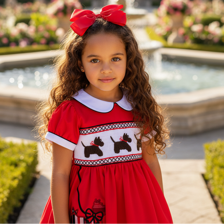 Ocean Baby Girls Red Classic Scottie Dog Smocked Petticoat Layered Dress - (NB-8Yrs)