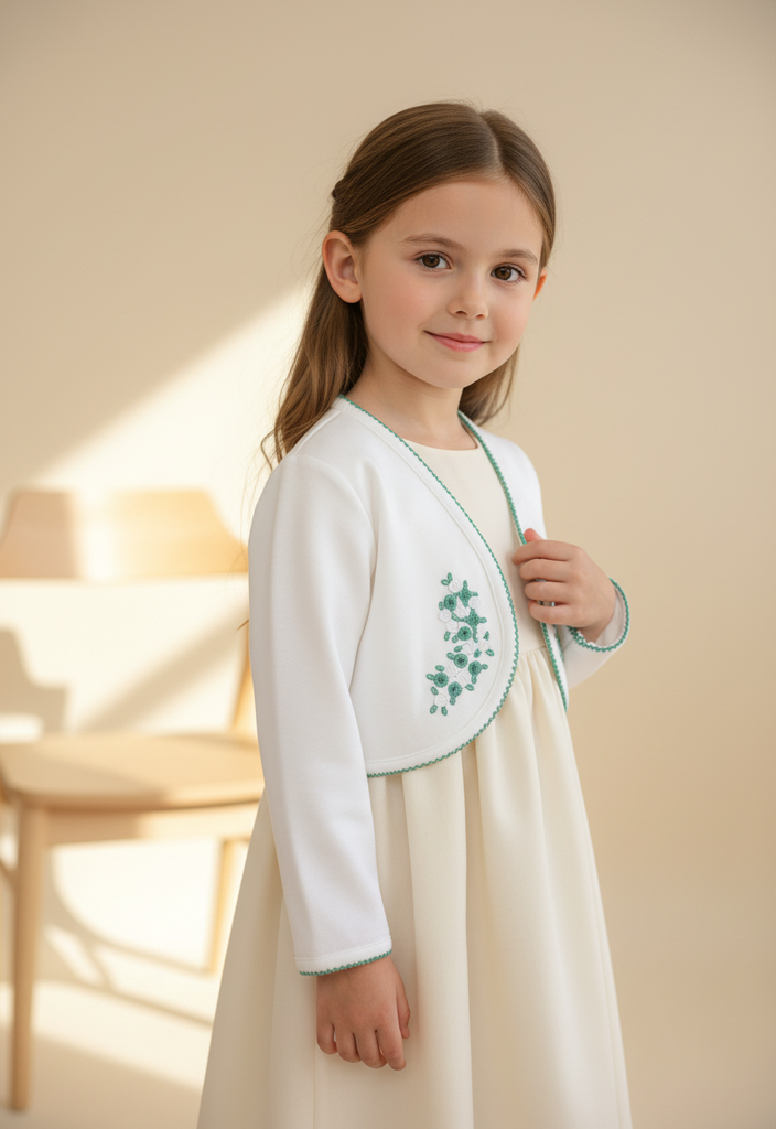 Ocean Baby Girls Hand Embroidered Rose Bullion Cardigan White/Emerald (NB-10Yrs)